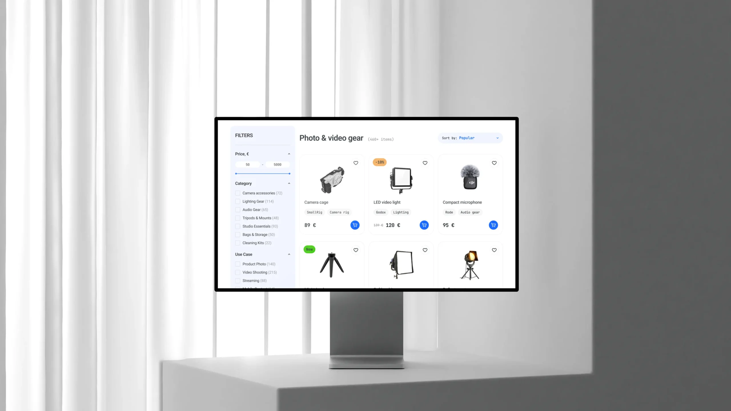 Produktkarten konzentrieren sich auf Bilder, Kategorien, Preise und Quick-Actions