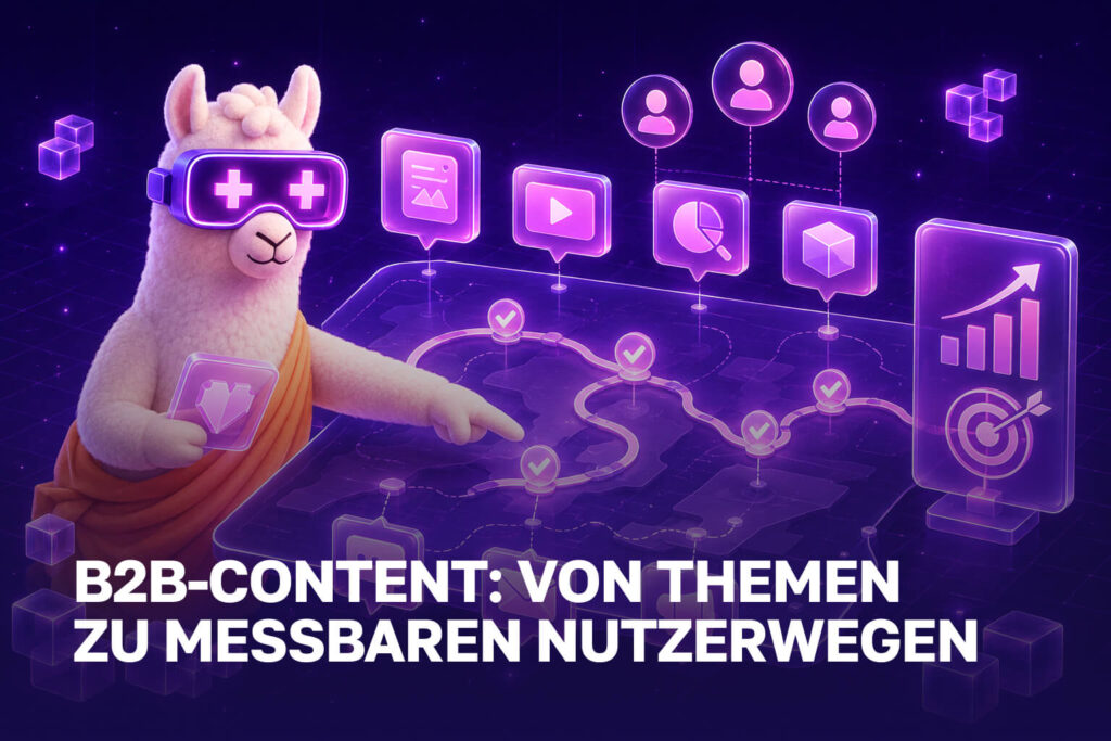 Lama vor einer B2B-Content-Journey mit Kanälen, Zielgruppen und KPI-Diagramm