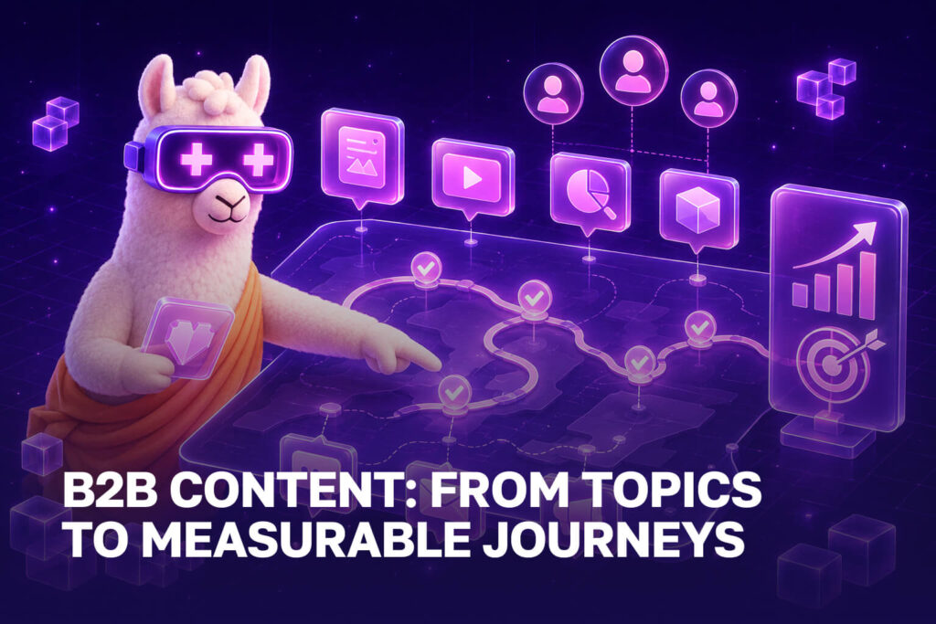 Lama mapping a B2B content journey with channels, audiences and a KPI chart