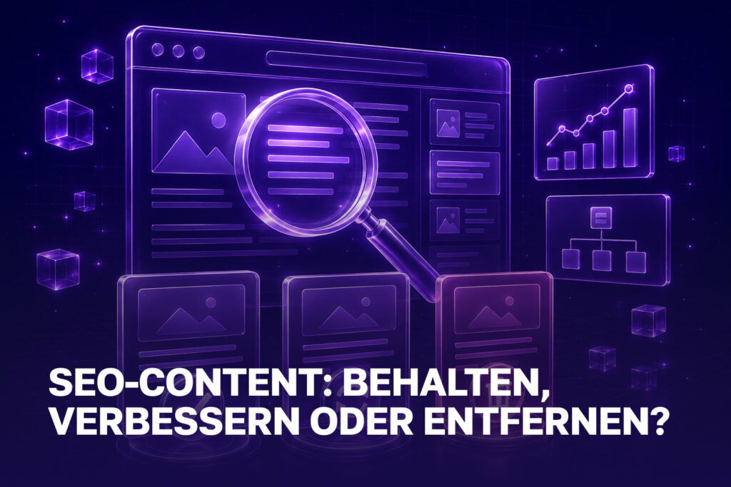 SEO-Content-Prüfung mit Lupe, Seitenübersicht und Diagramm für Content Pruning
