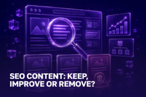 SEO content review with magnifier, page overview and chart for content pruning