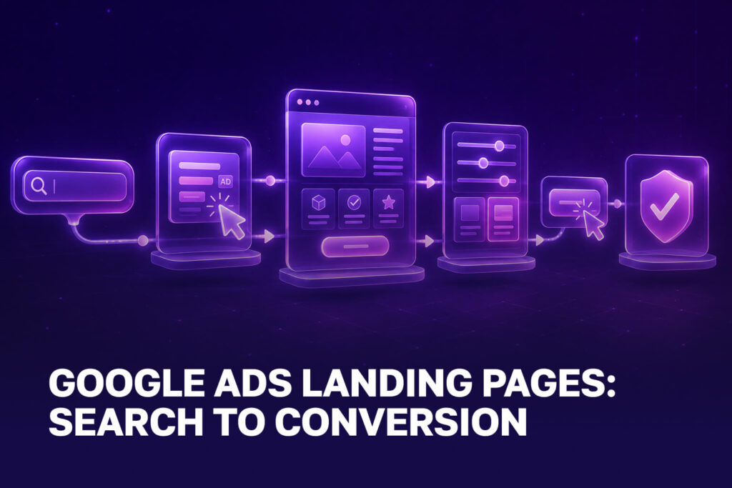 Google Ads landing-page path from search query through mobile pages to conversion