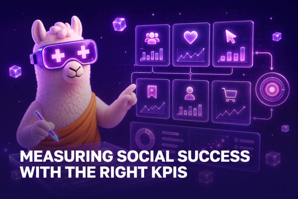 Lama analysing social media KPIs for reach, engagement, clicks and conversions