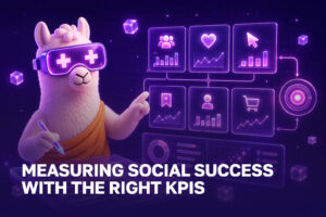 Lama analysing social media KPIs for reach, engagement, clicks and conversions