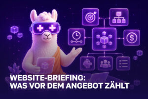 Lama mit digitalen Briefing-Bausteinen für ein Website-Angebot